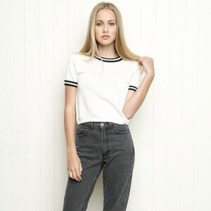 Brandy Melville White and Black Knit Crop T-Shirt